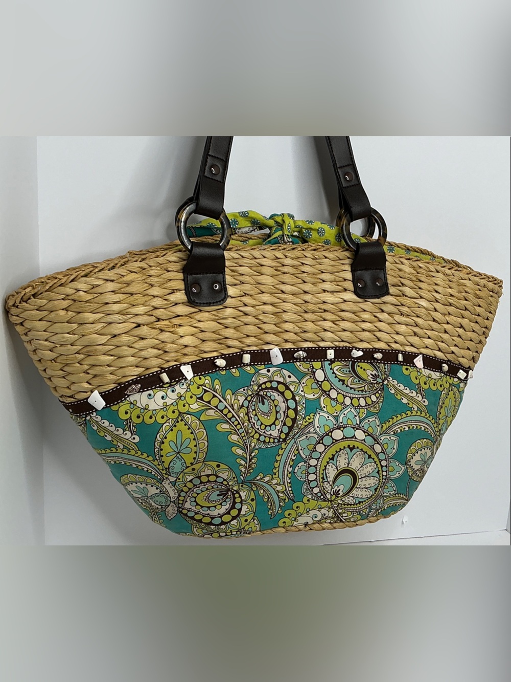 Vera Bradley Straw Tote with Teal and Green Paisley Panels - Picture 2 of 10